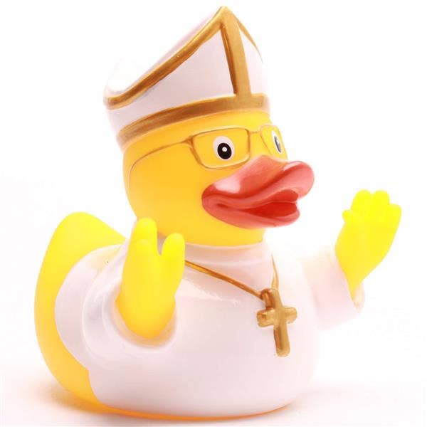 Pato de goma del Papa con vestimenta papal y cruz