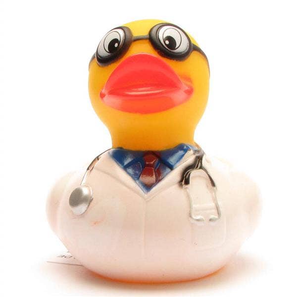 Pato de goma doctor con estetoscopio visto de frente