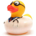 Pato de goma doctor con bata blanca y estetoscopio