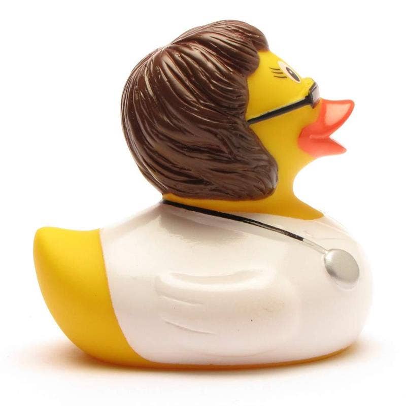 Patito de goma doctora morena con gafas visto de perfil