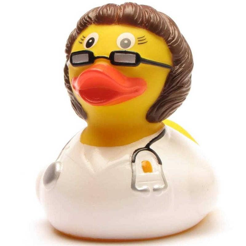Pato de goma doctora morena con bata blanca