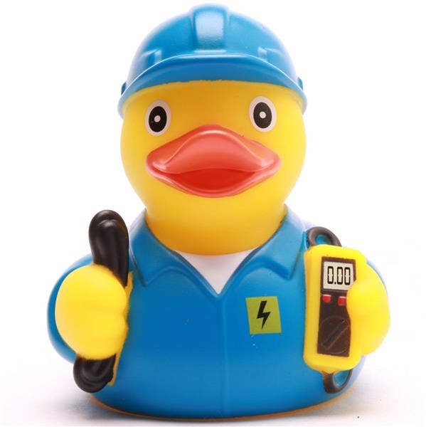 Pato de goma electricista azul visto de frente