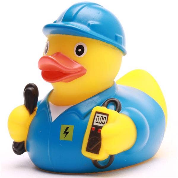 Pato de goma electricista azul con casco y medidor eléctrico