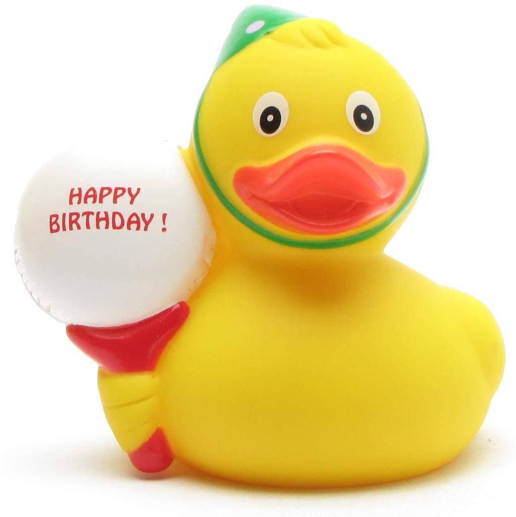 Pato de goma Feliz Cumpleaños visto de frente