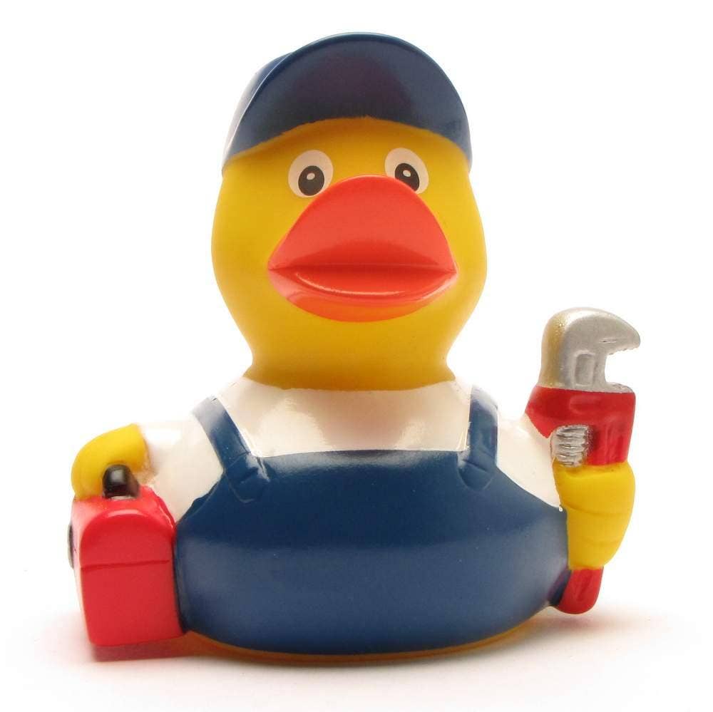 Pato de goma fontanero mostrando herramientas de trabajo