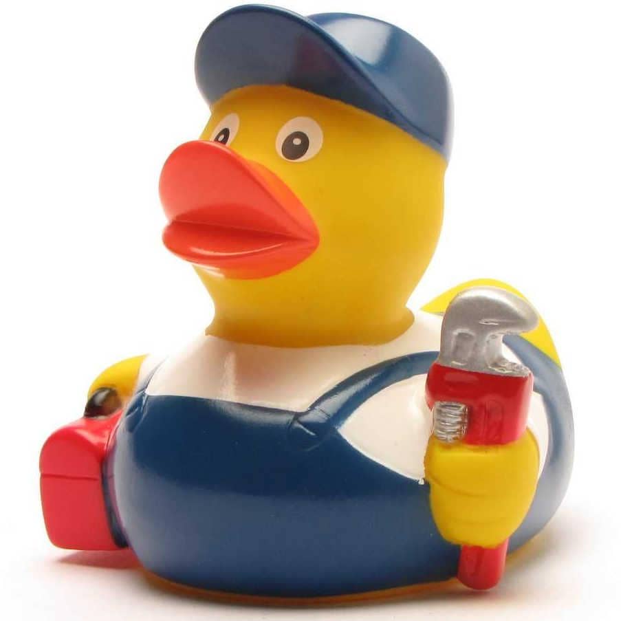 Pato de goma fontanero con caja de herramientas y mono de trabajo