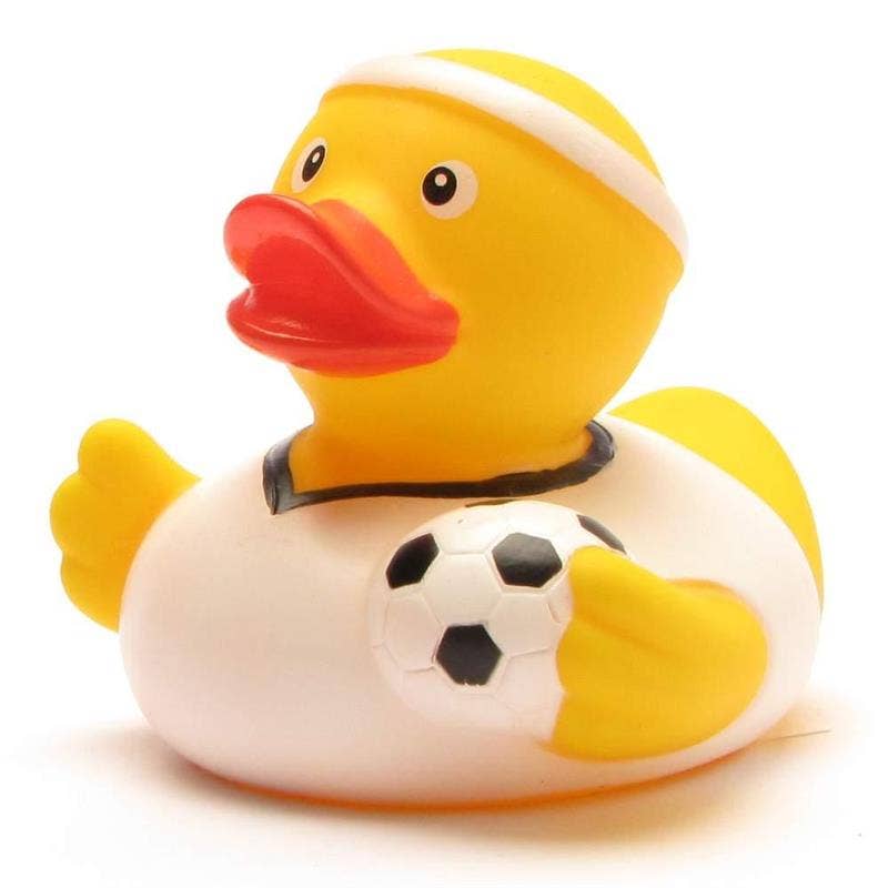 Patito de goma futbolista con camiseta blanca visto de perfil