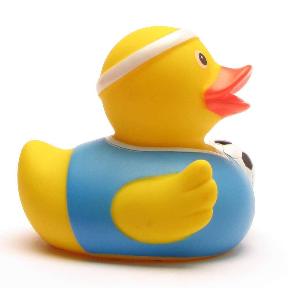 Perfil lateral de pato de goma futbolista para regalo original