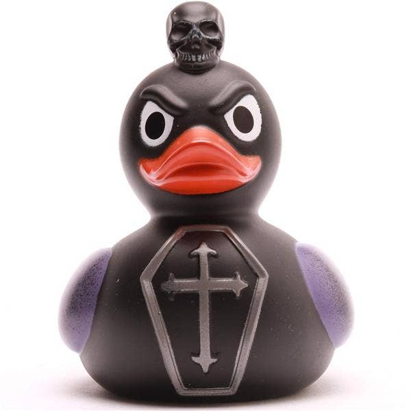 Pato de goma gótico Grufti visto de frente con ataúd