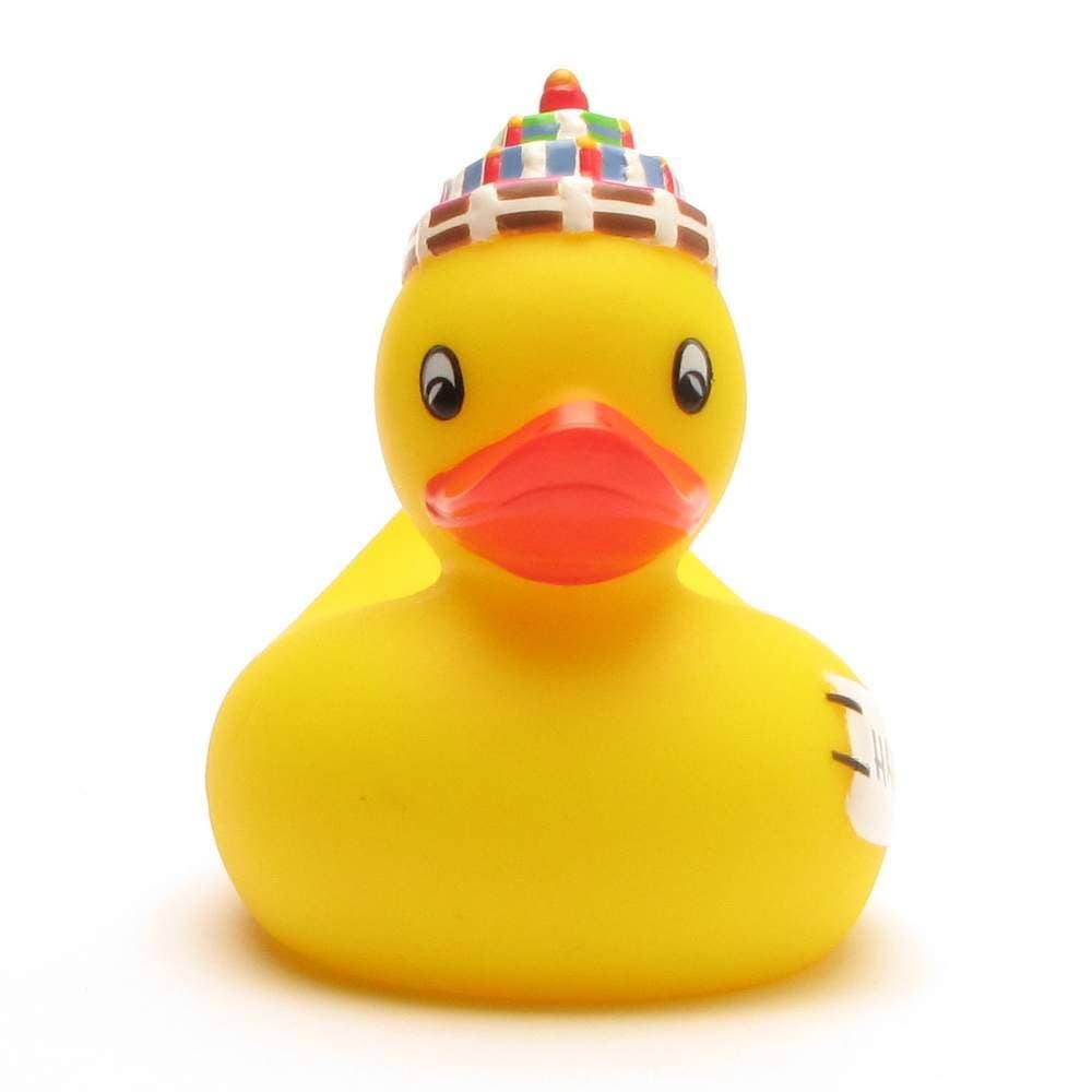 Pato de goma Happy Birthday visto de frente
