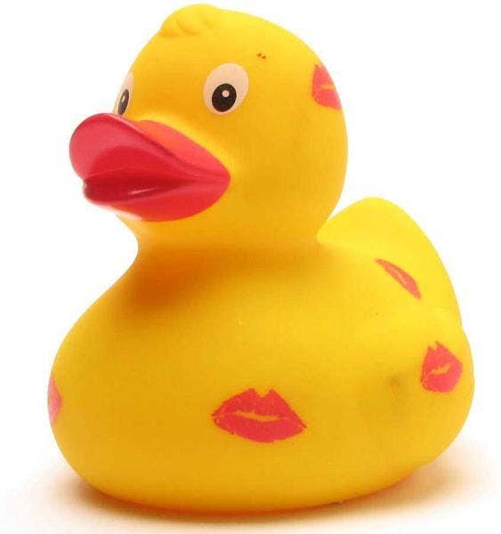 Pato de goma Kissmund con estampado de besos vista frontal completa