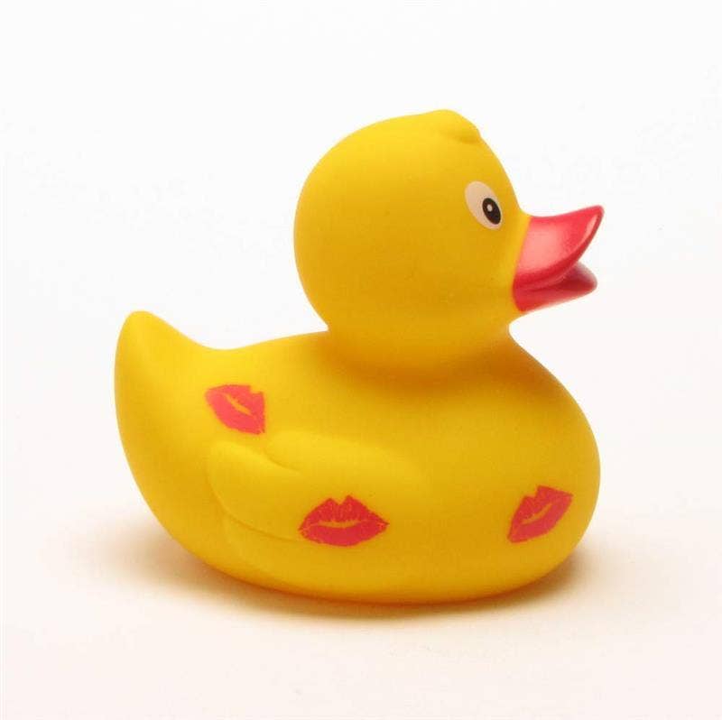 Pato de goma Kissmund con estampado de besos vista lateral opuesta