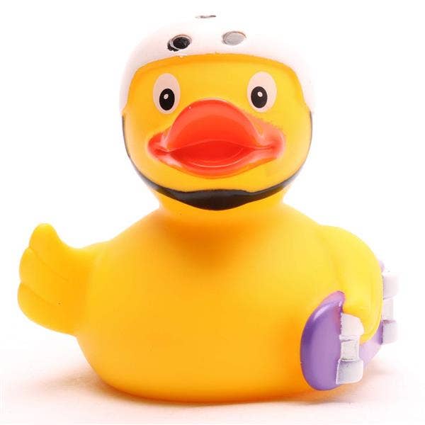 Pato de goma patinador con casco visto de frente