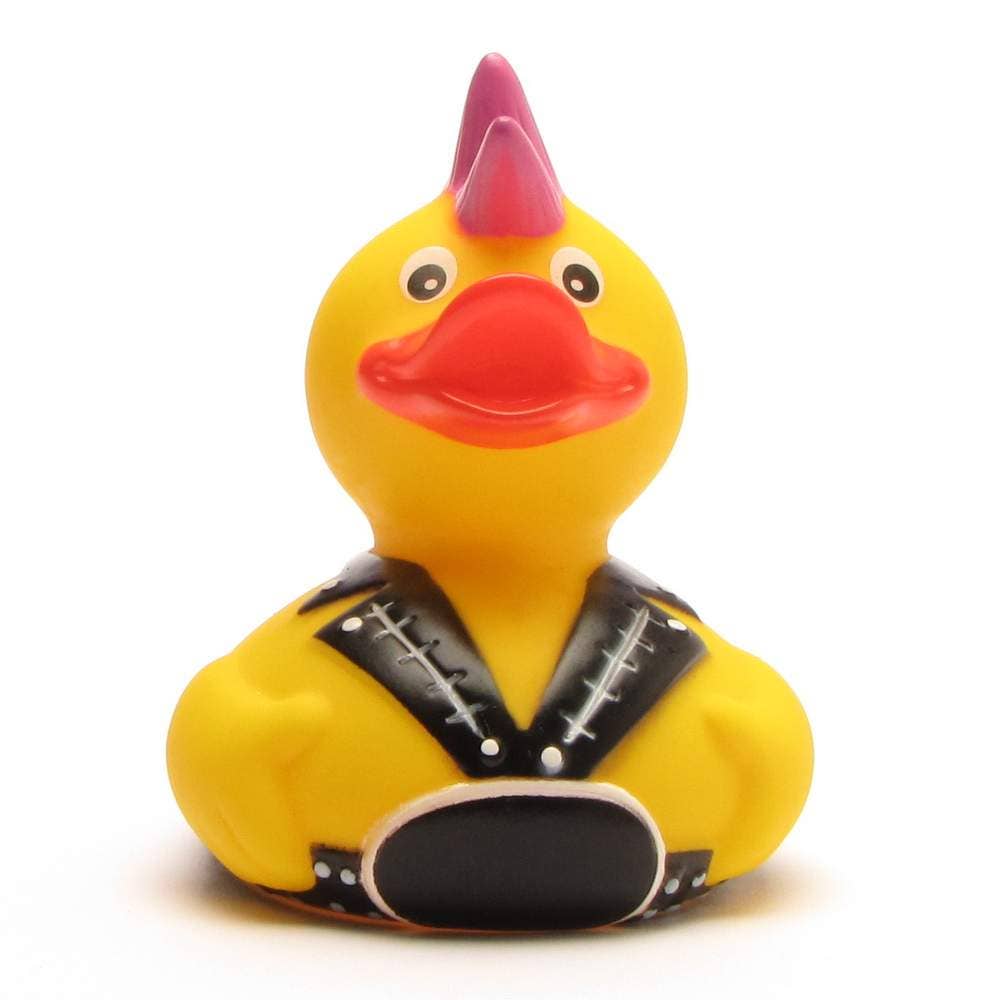 Pato de goma punk con cresta rosa y chaqueta negra vista frontal