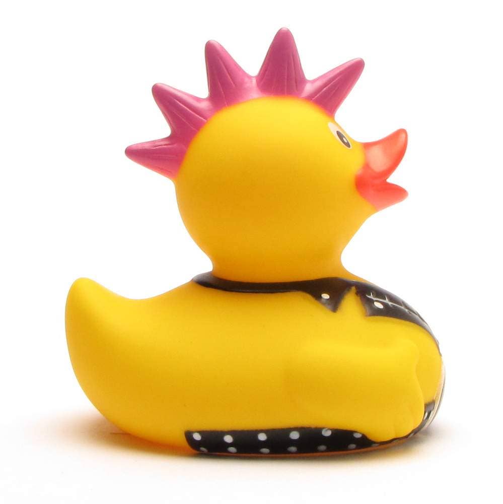 Pato de goma punk con cresta rosa y chaqueta negra vista lateral
