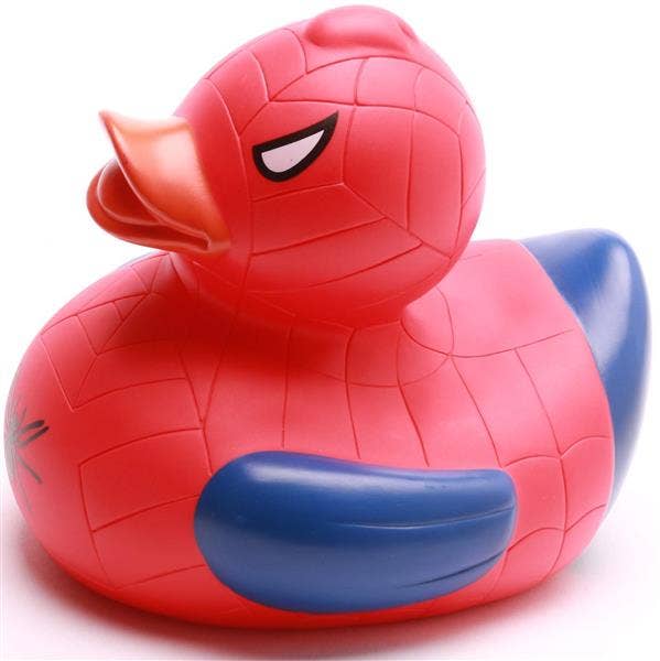 Patito de goma superhéroe rojo y azul XL visto de perfil