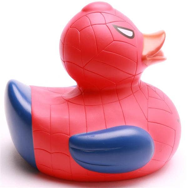 Pato de goma superhéroe rojo y azul XL vista lateral