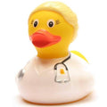 Pato de baño médico con cabello rubio y estetoscopio