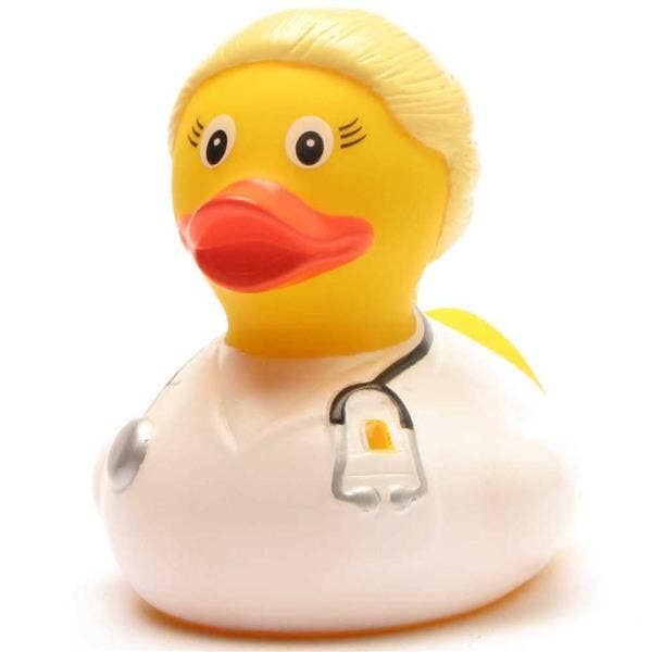 Pato de baño médico con cabello rubio y estetoscopio
