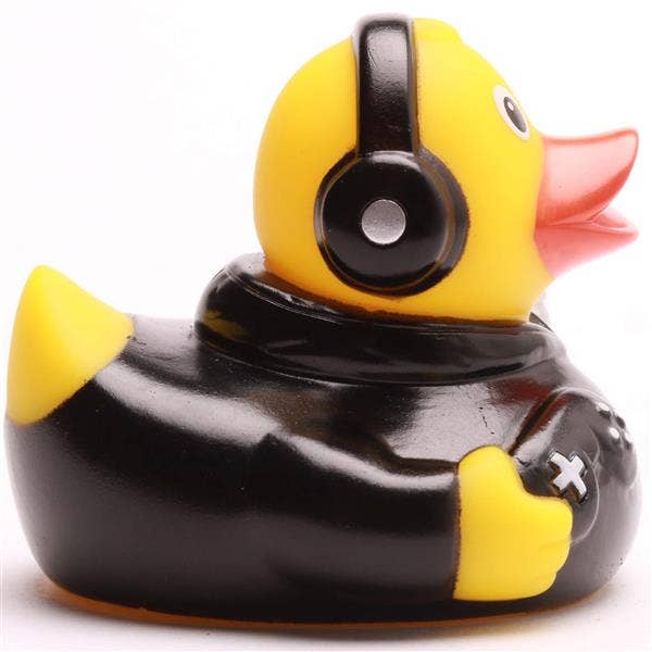 Pato de goma gamer vista lateral con auriculares