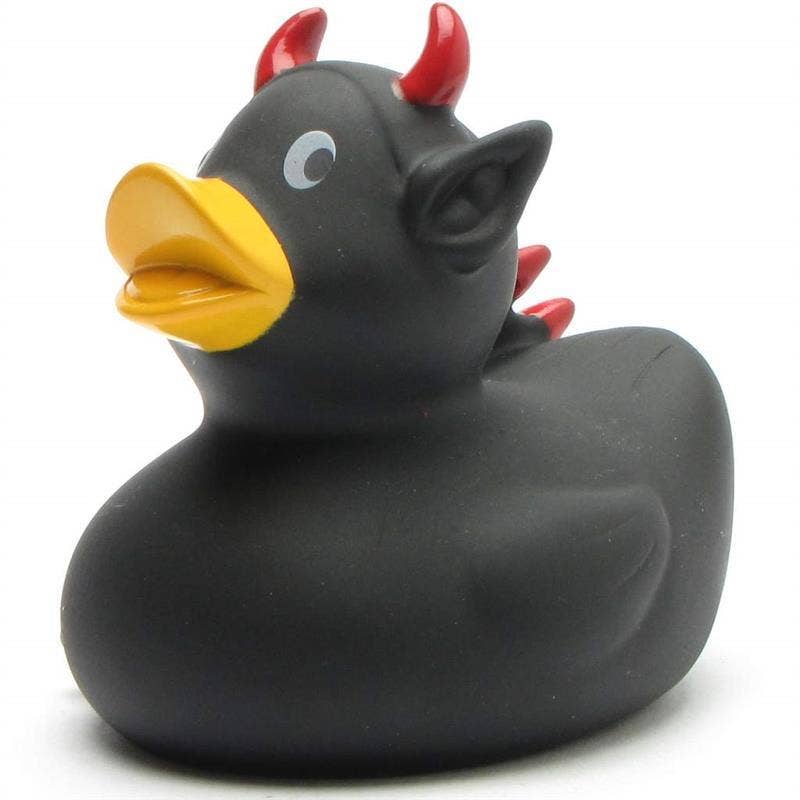 pato-goma-cuernos-rojosPato de goma negro con cuernos rojos