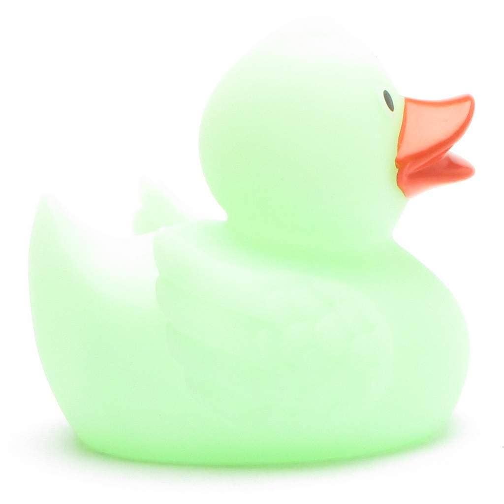 Pato de goma fluorescente verde vista latera