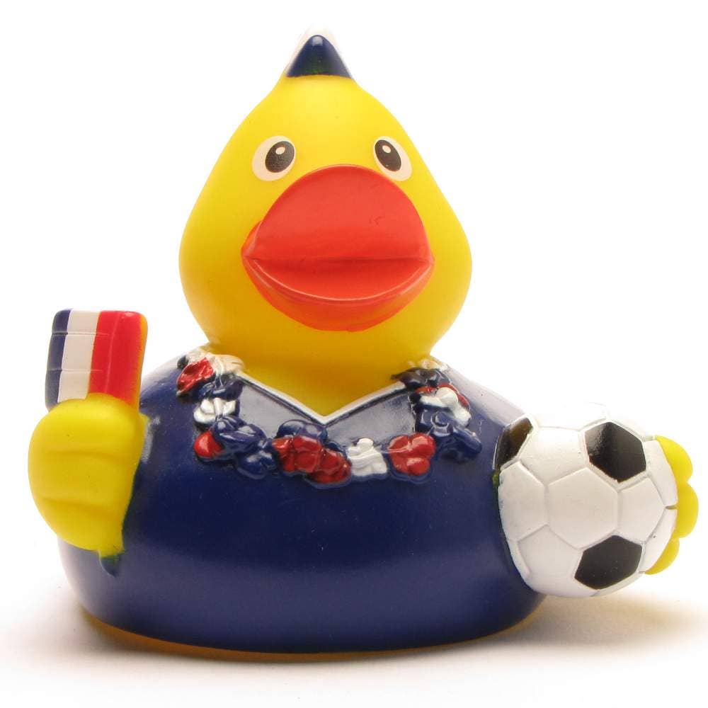 Pato de goma fan de Francia con balón de fútbol