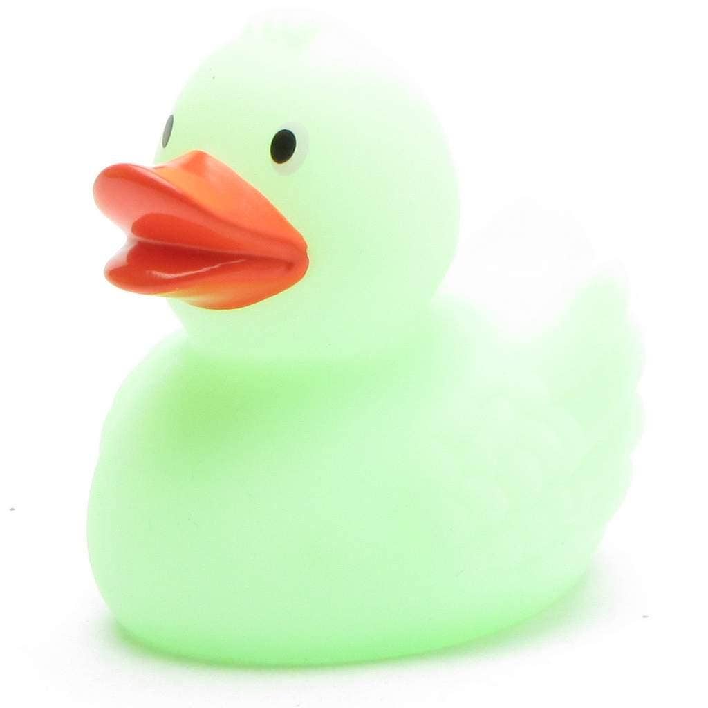 Pato de goma verde que brilla en la oscuridad vista frontal
