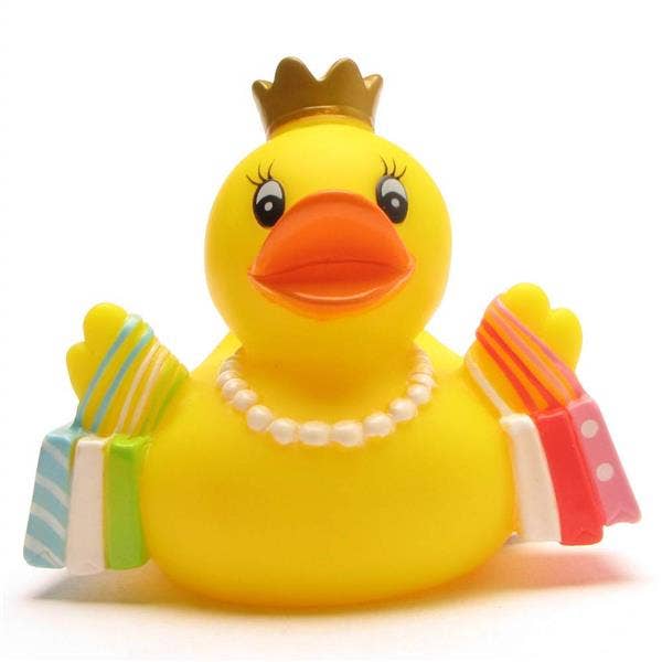 Pato de goma reina de las compras con bolsas