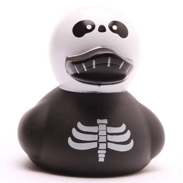 Pato de goma de terror con diseño de esqueleto visto de frente